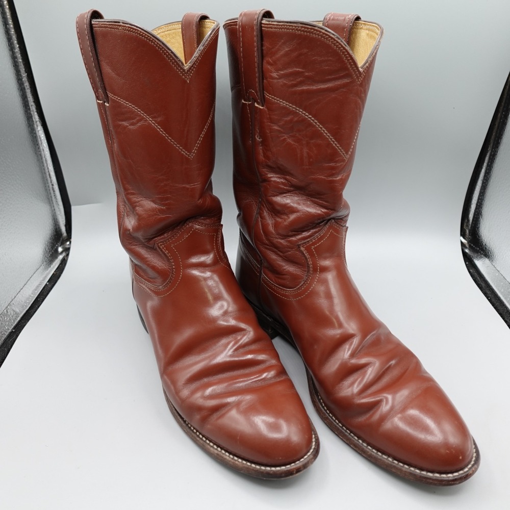 Justin Boots Womens 7.5 B Leather Roper Round Toe Cognac Pull On cowgirl L3802